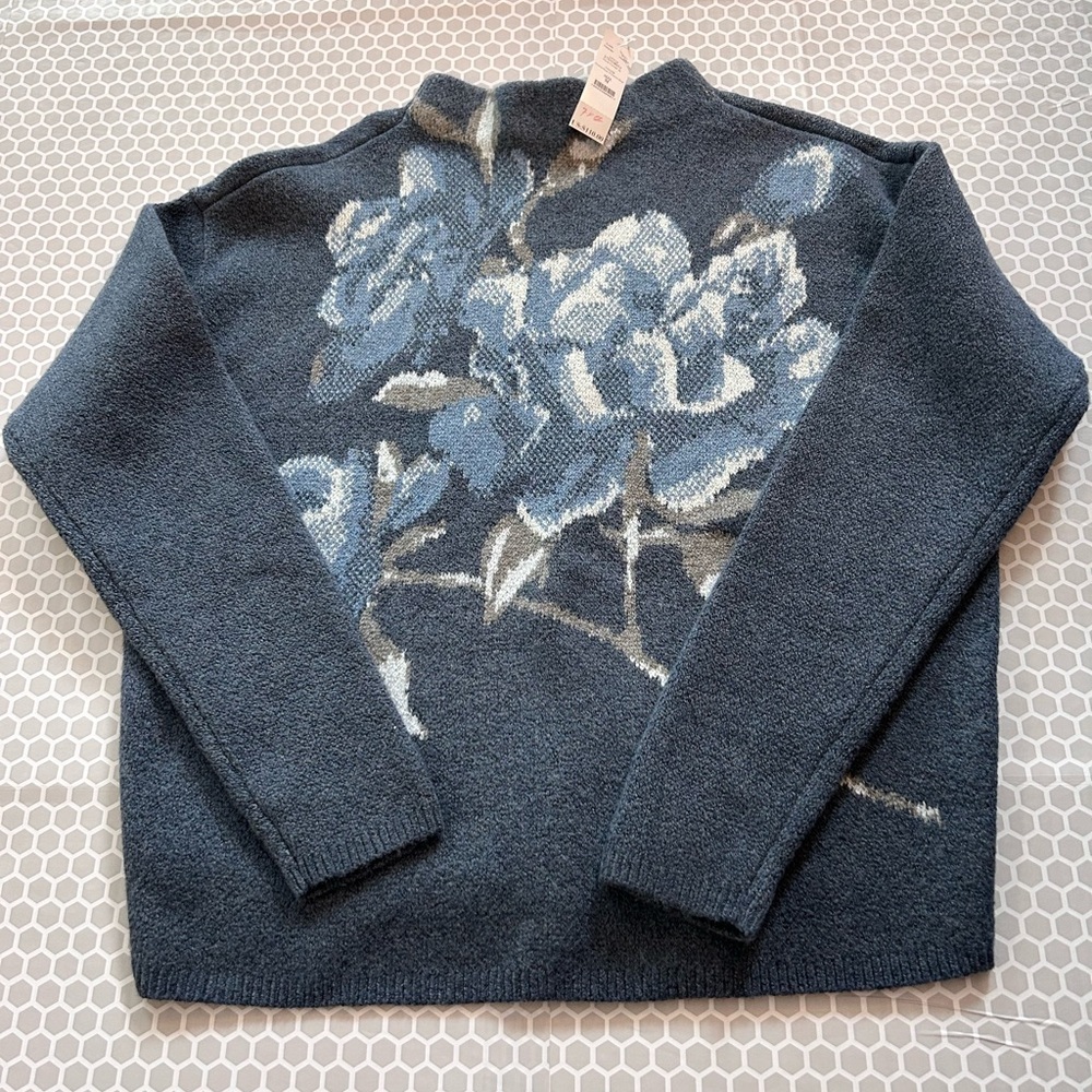 Nwt House Black Market Women Blue Floral High Neck Sweater Elegant Knit Size M